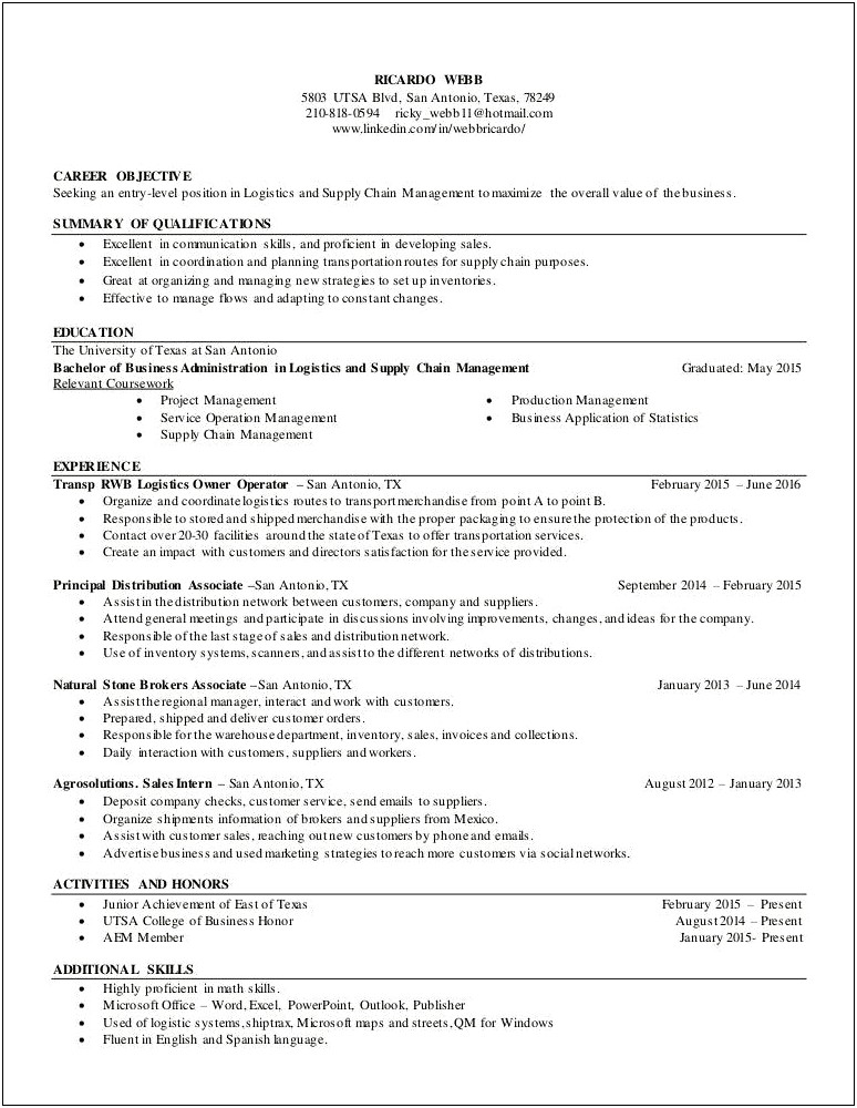 Resume For Supply Chain Management Intern
