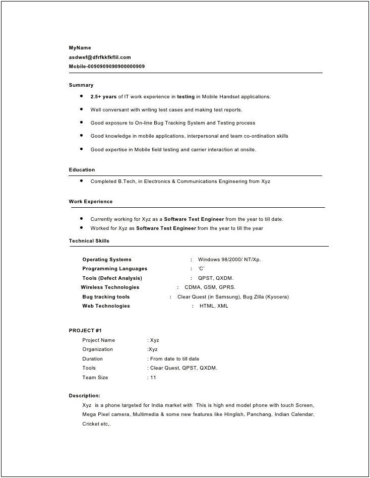 Resume For Testing Engineer Sample Resume