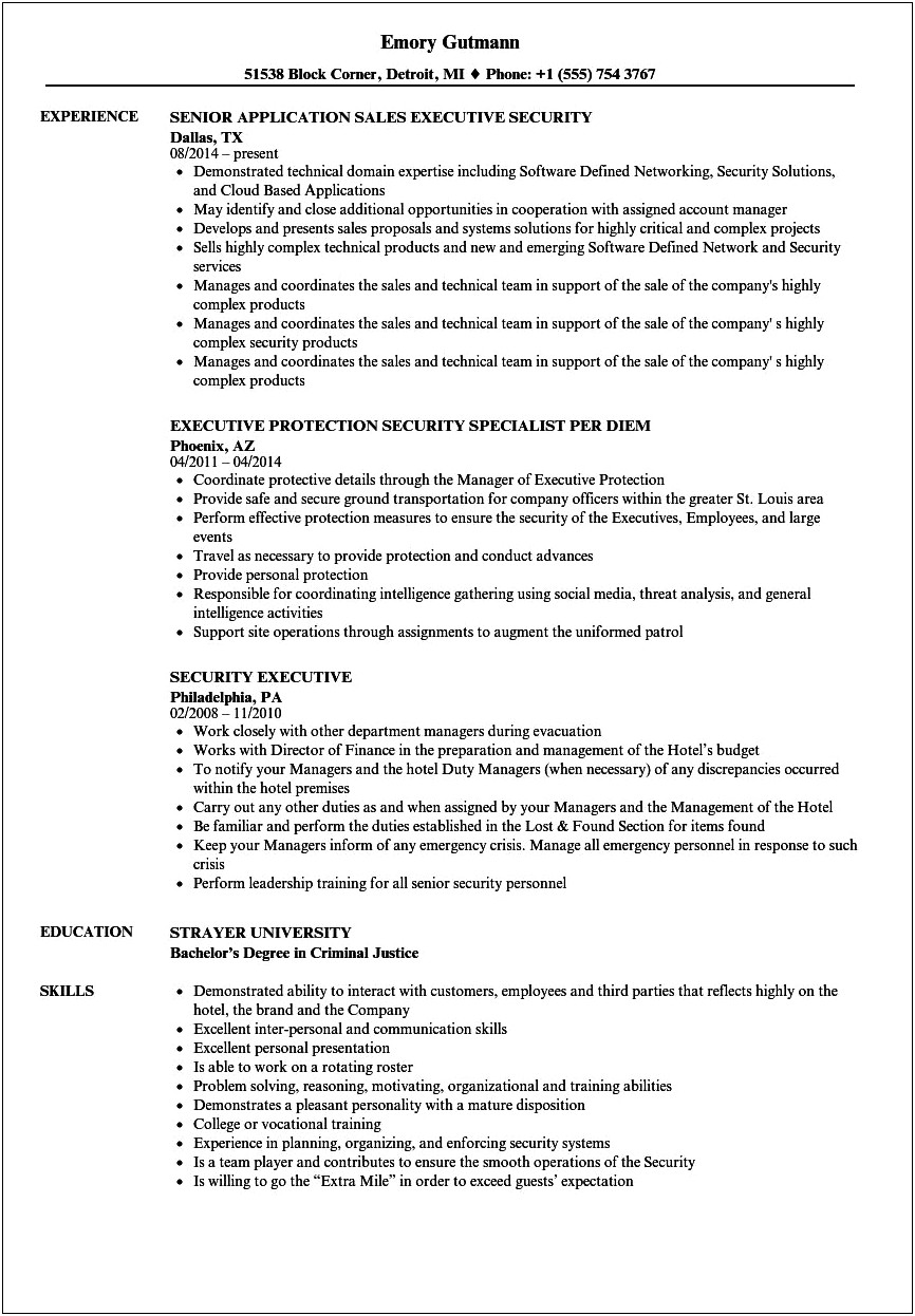Resume For Those With Executive Protection Skills