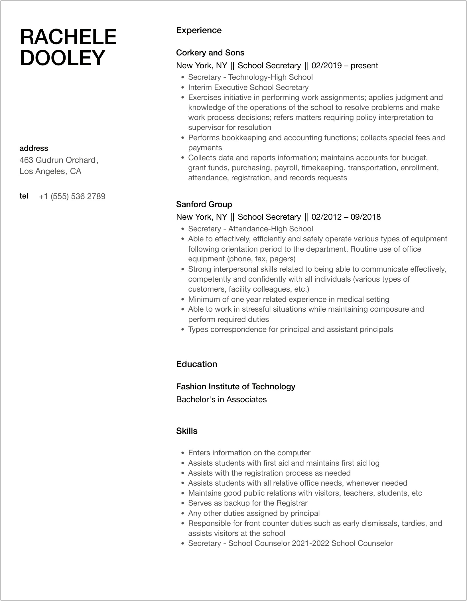 Resume For Transferring From Paraprofessional To School Secretary