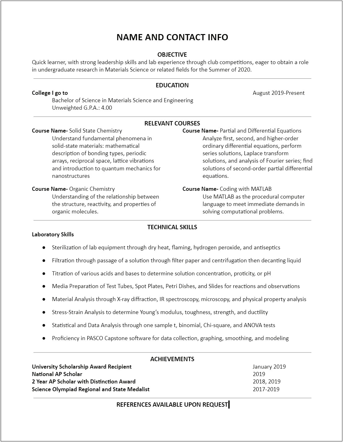 Resume For Undergraduate Research No Experience