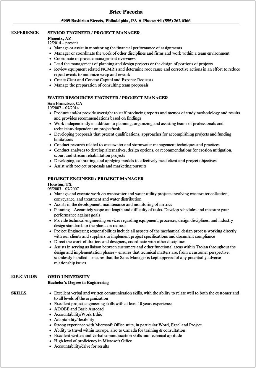 Resume For Veterans Administration Engineering Project Manager