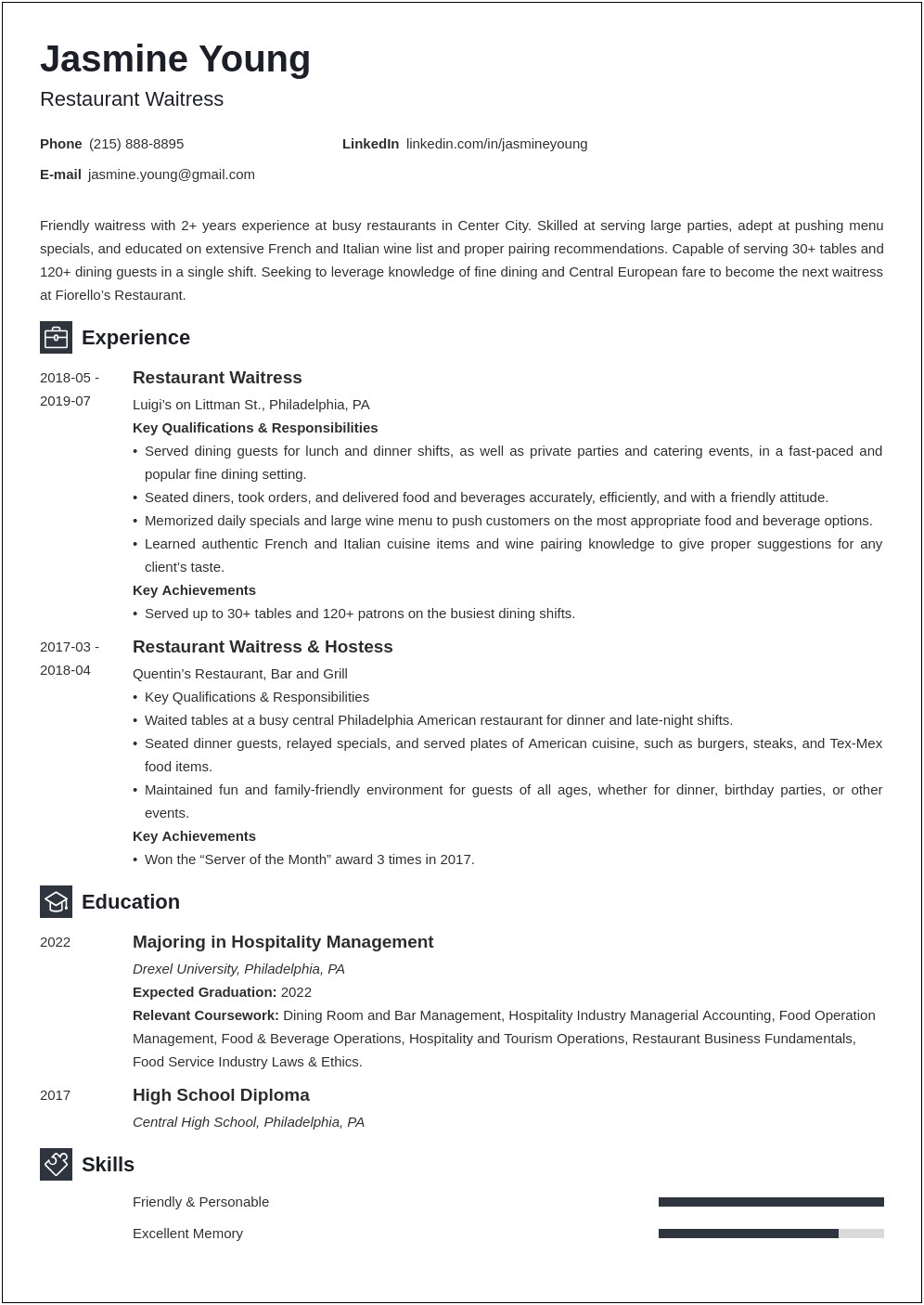 Resume For Waitress Job With No Experience