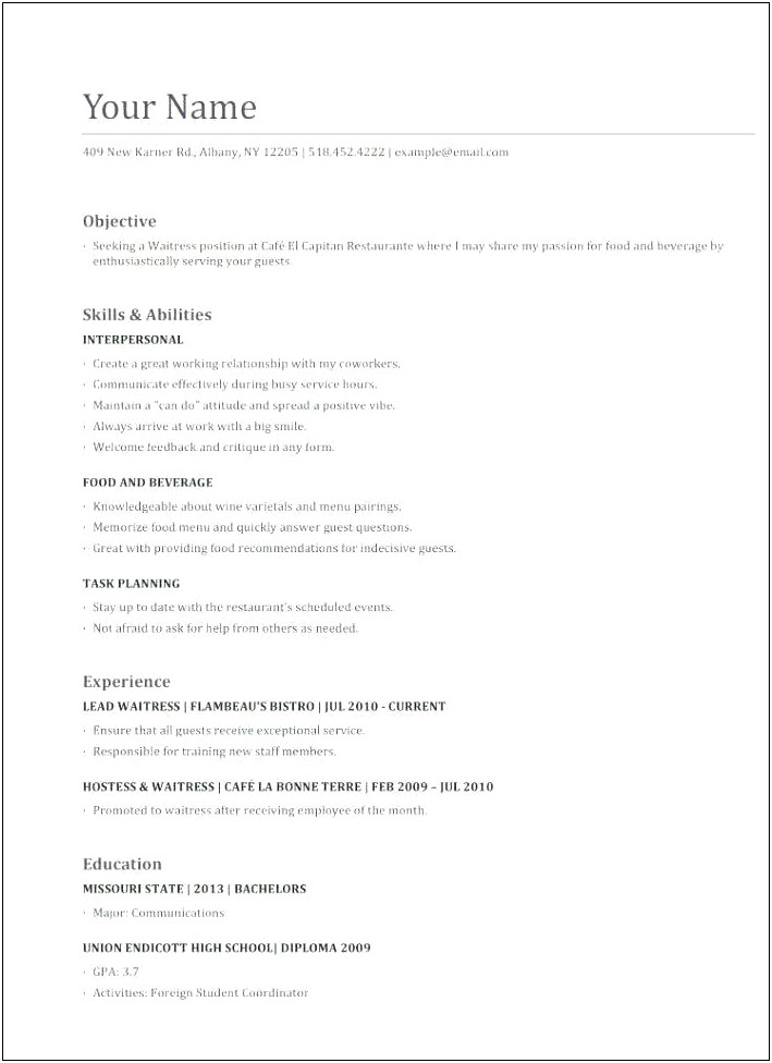 Resume For Waitress With No Experience