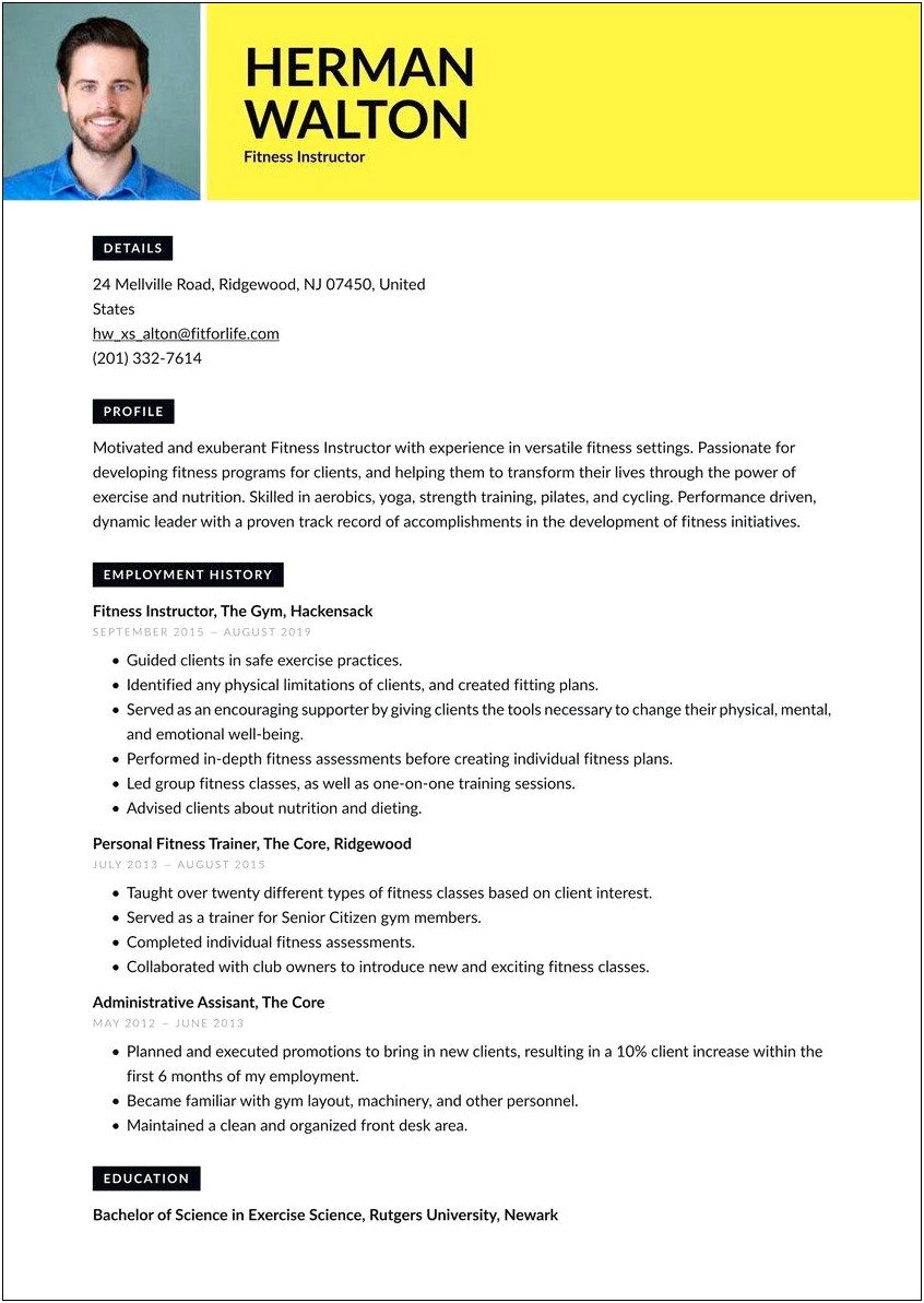 Resume For Working At A Fitness Center