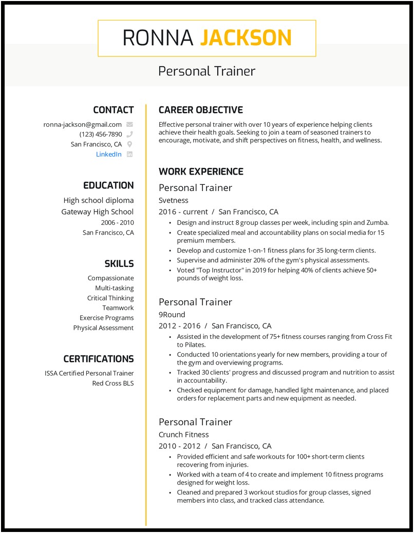 Resume For Working At A Gym