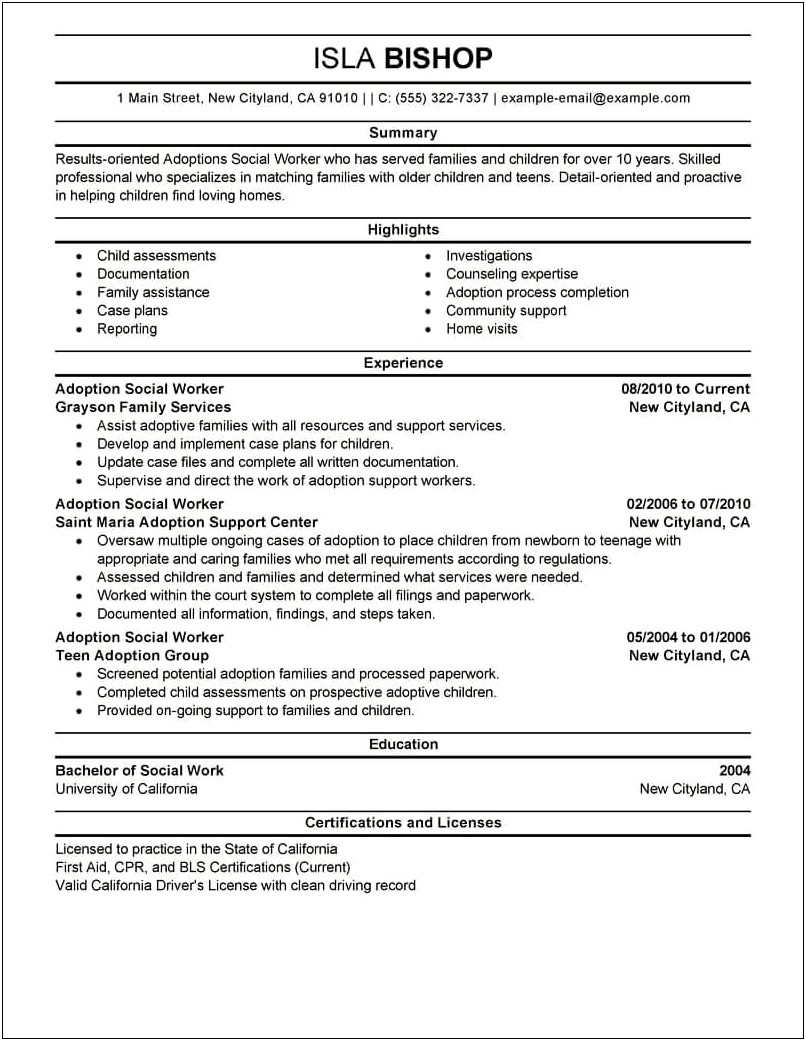 Resume For Working In Social Services