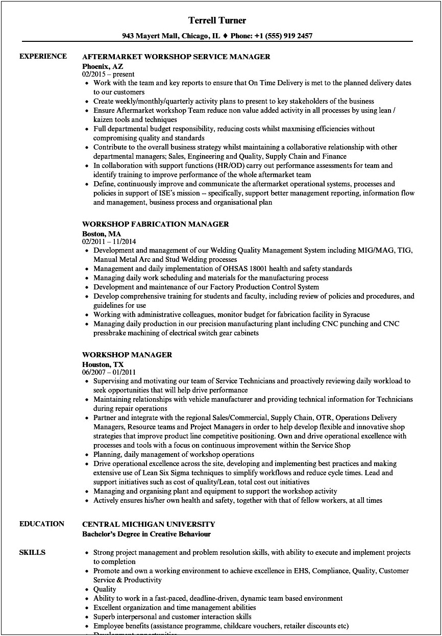 Resume For Workshop Supervisor Work History