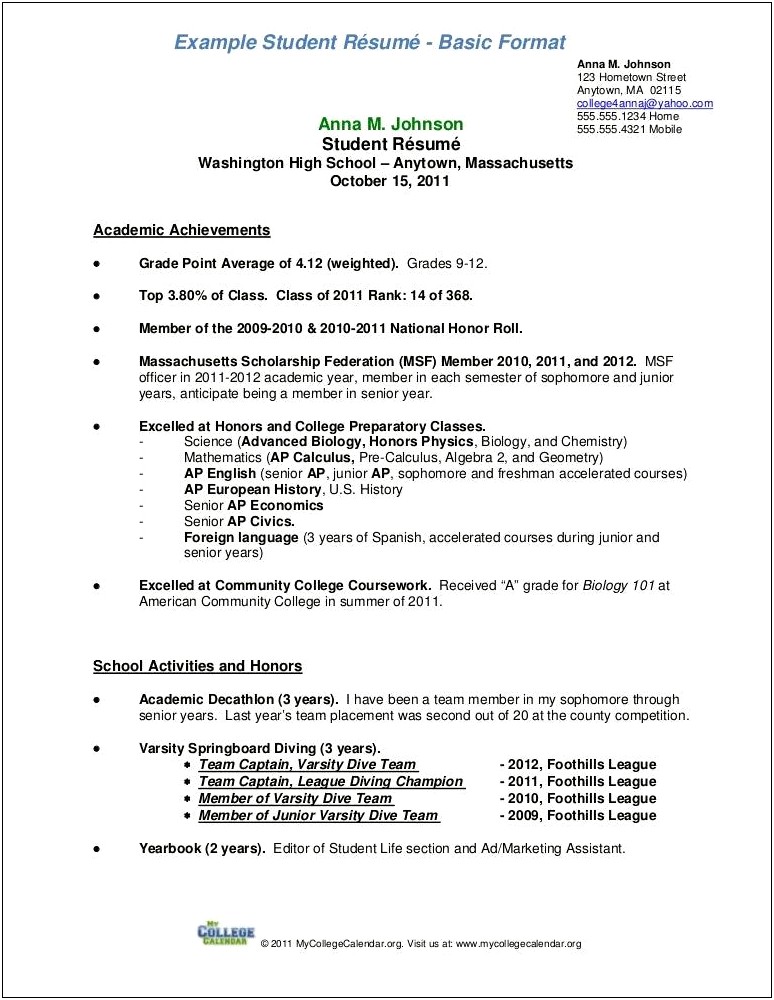 Resume Format For A High School Student