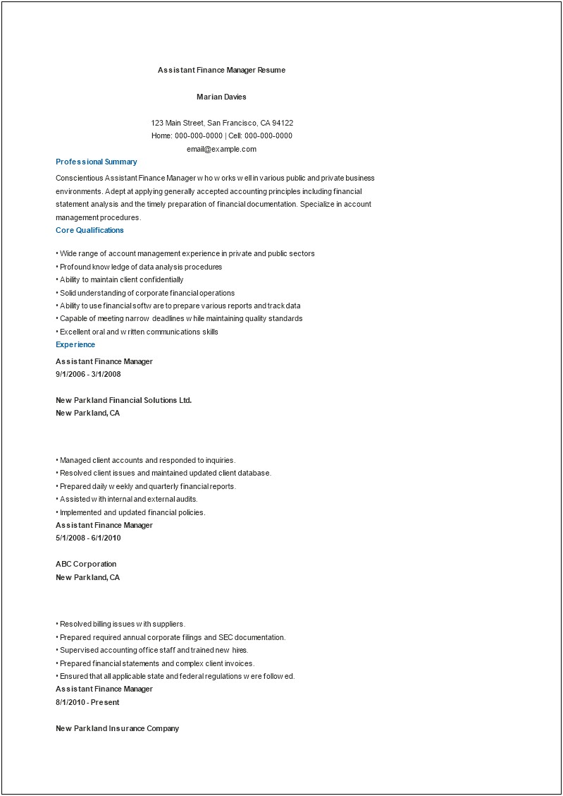 Resume Format For Accounts & Finance Manager