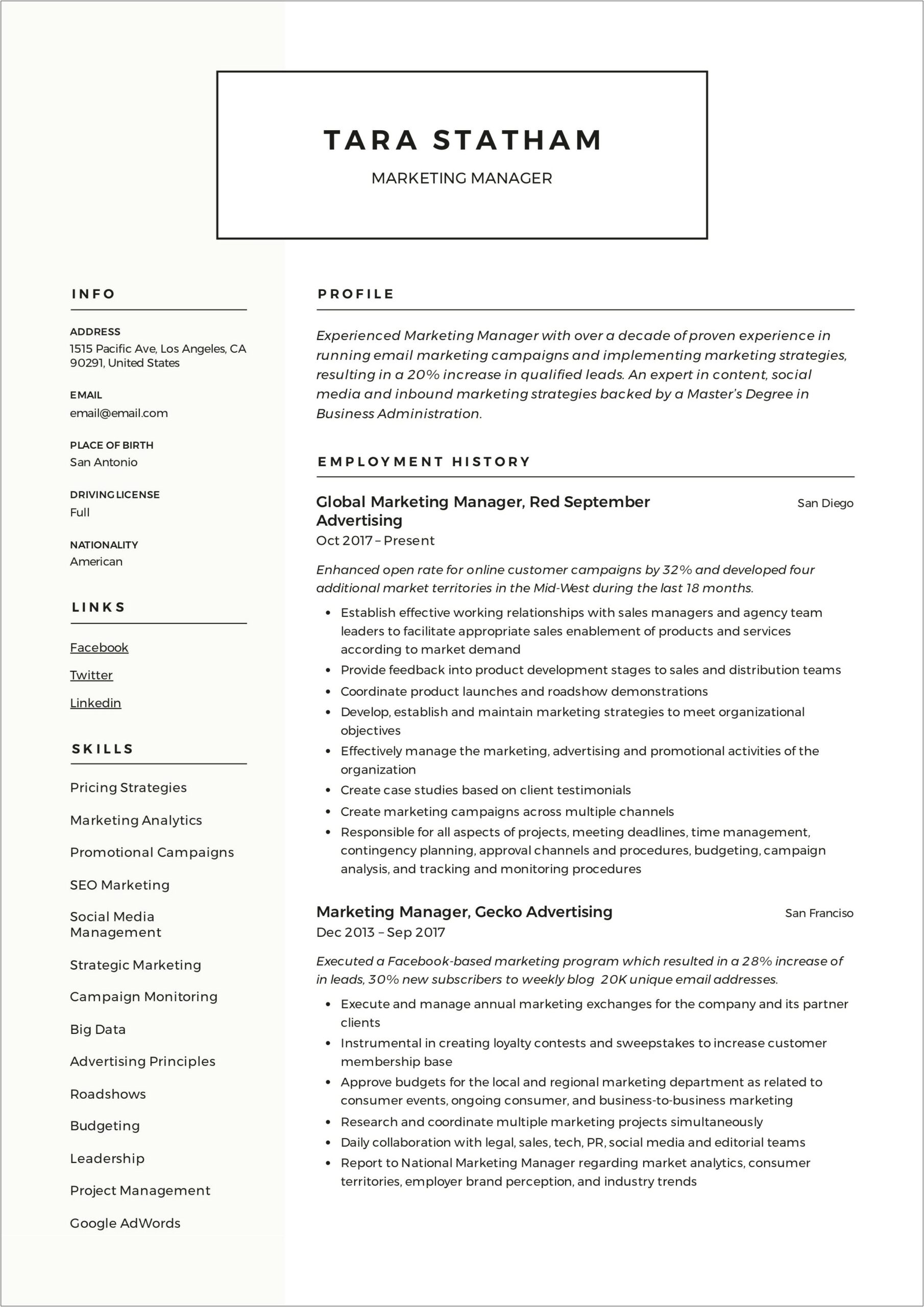 Resume Format For Area Sales Manager In Fmcg