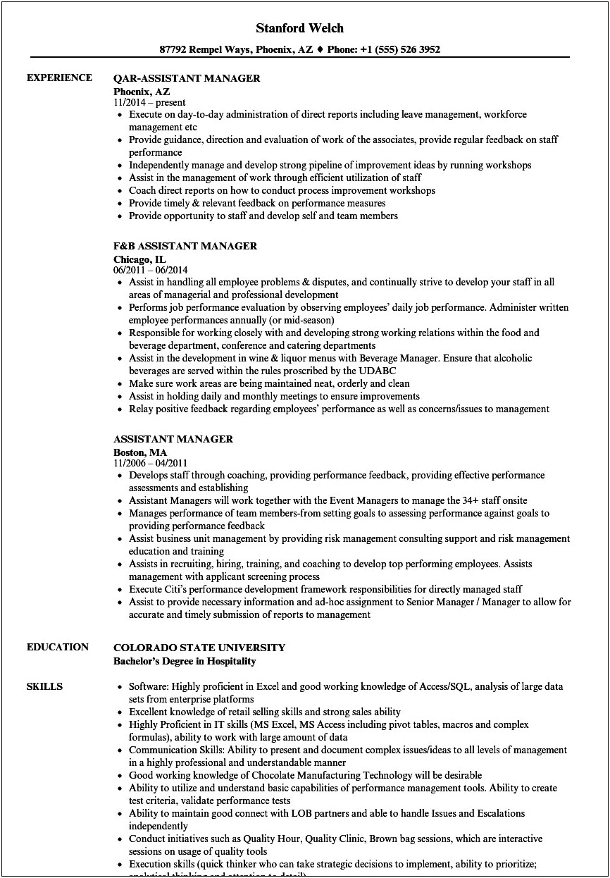 Resume Format For Assistant Manager Production