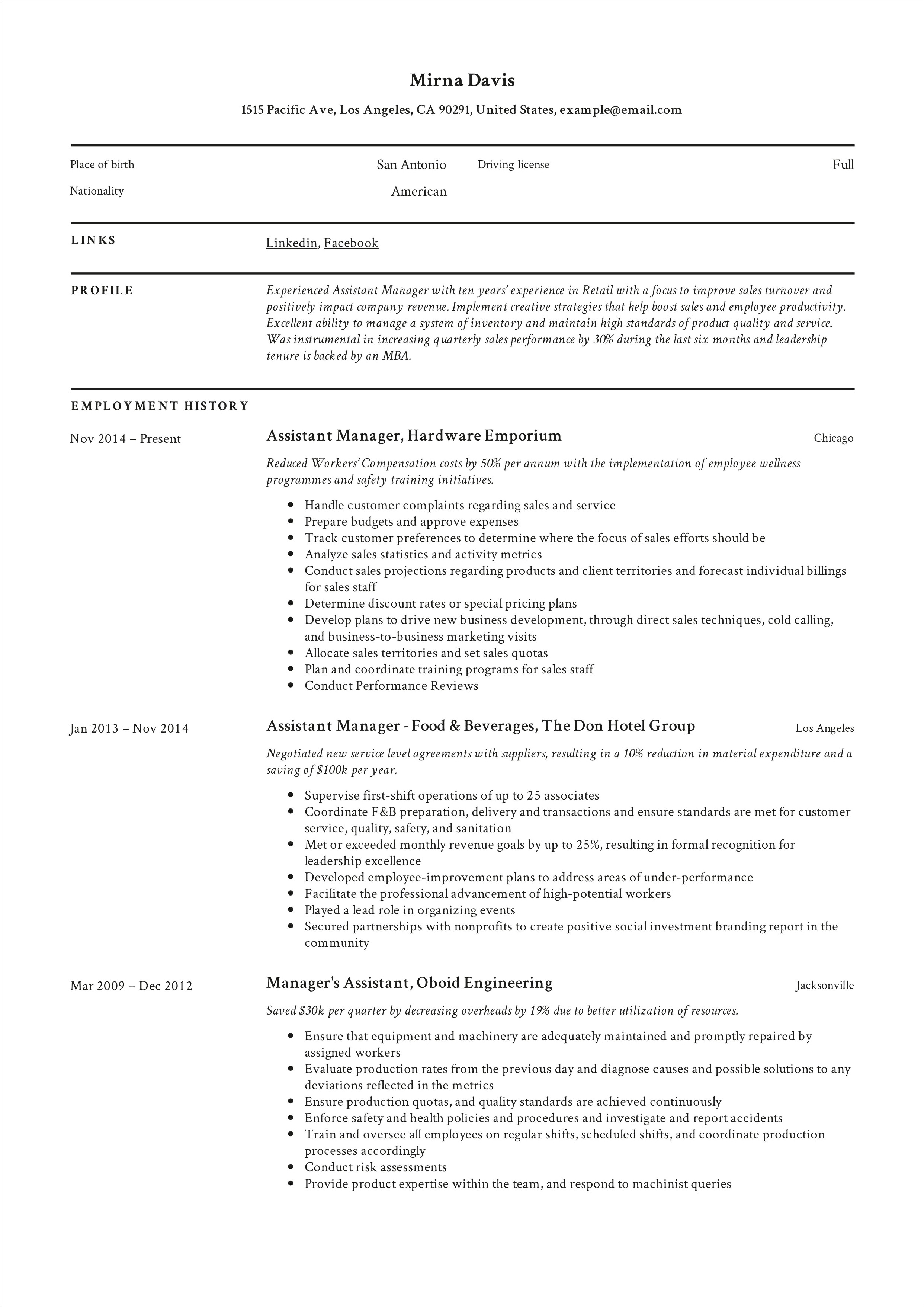 Resume Format For Assistant Manager Training