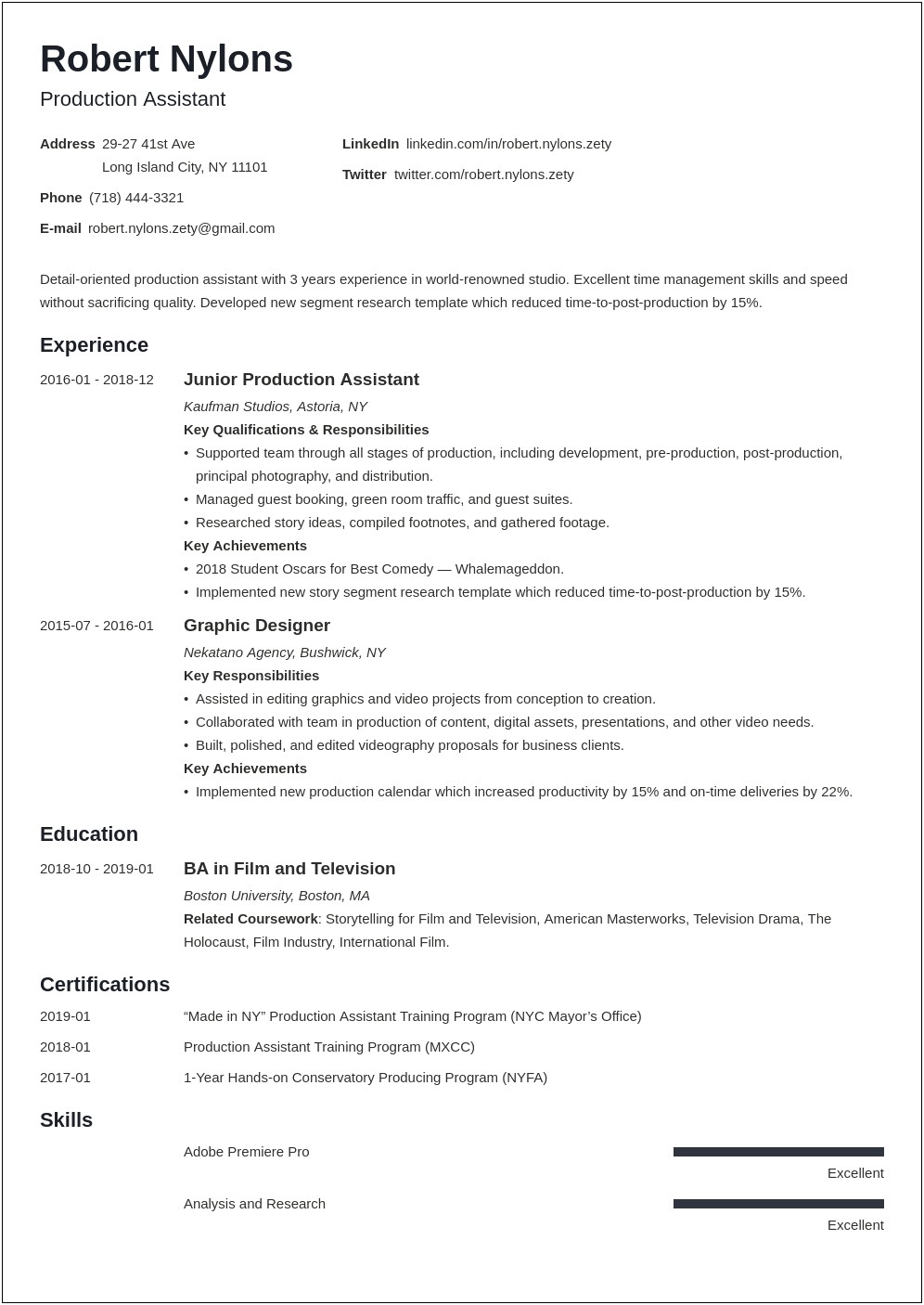 Resume Format For Assistant Production Manager