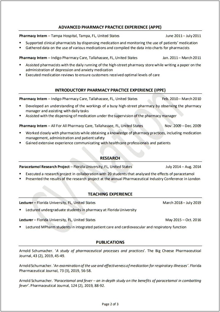 Resume Format For B Pharm Experience