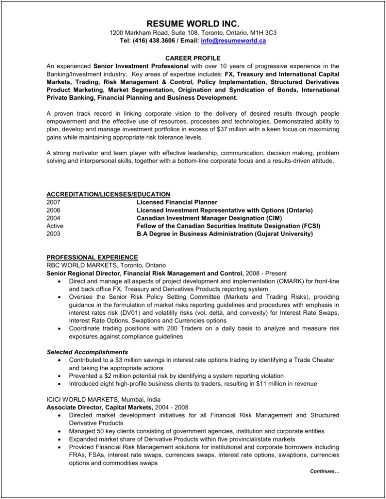 Resume Format For Bank Manager In India