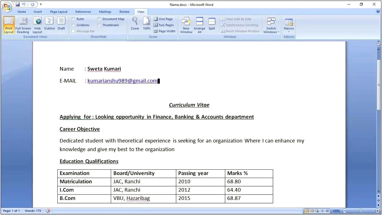 Resume Format For Bcom Freshers In Word Download