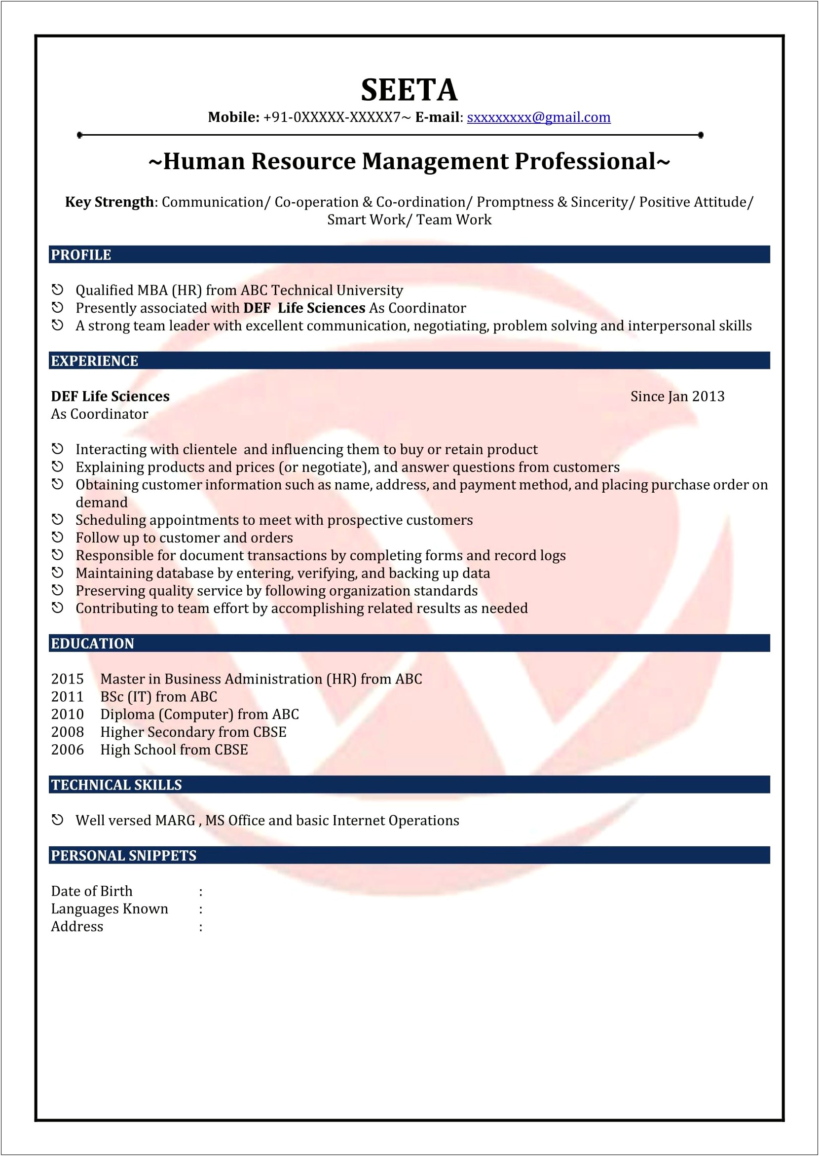 Resume Format For Bsc Freshers In Ms Word