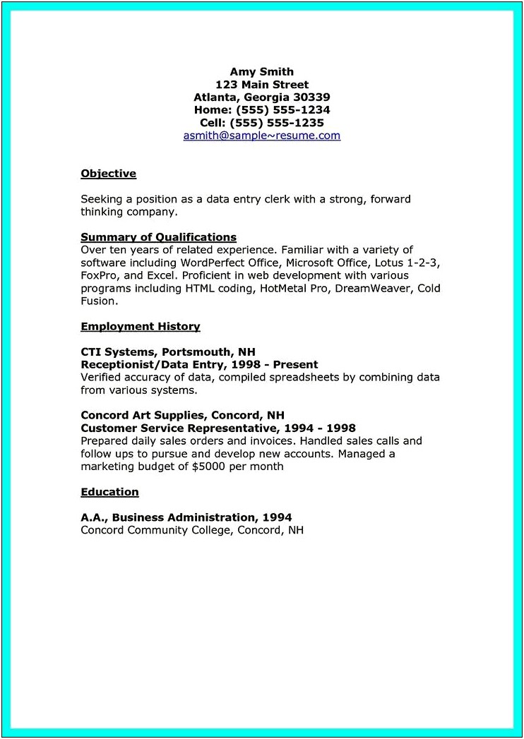 Resume Format For Data Entry Job