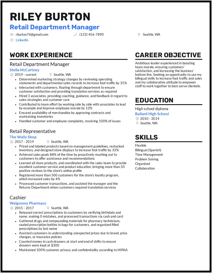 Resume Format For Department Manager In Retail