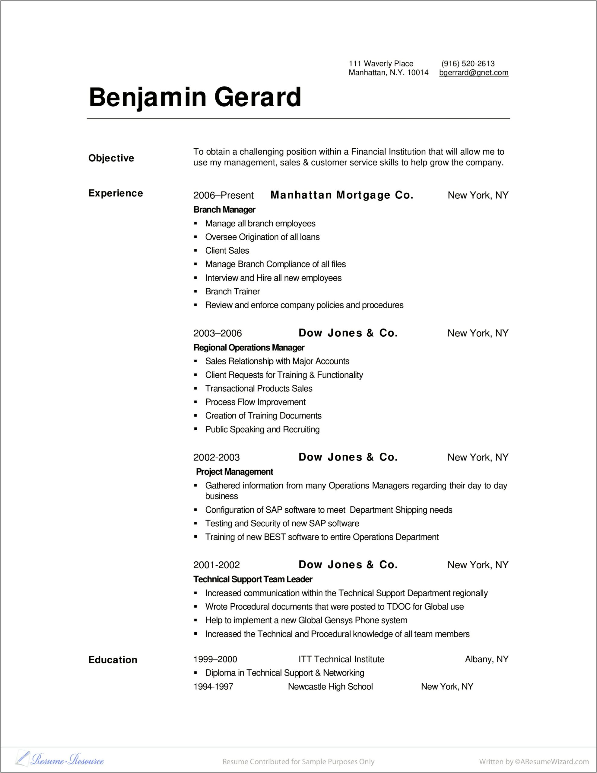 Resume Format For Experienced Bank Managers
