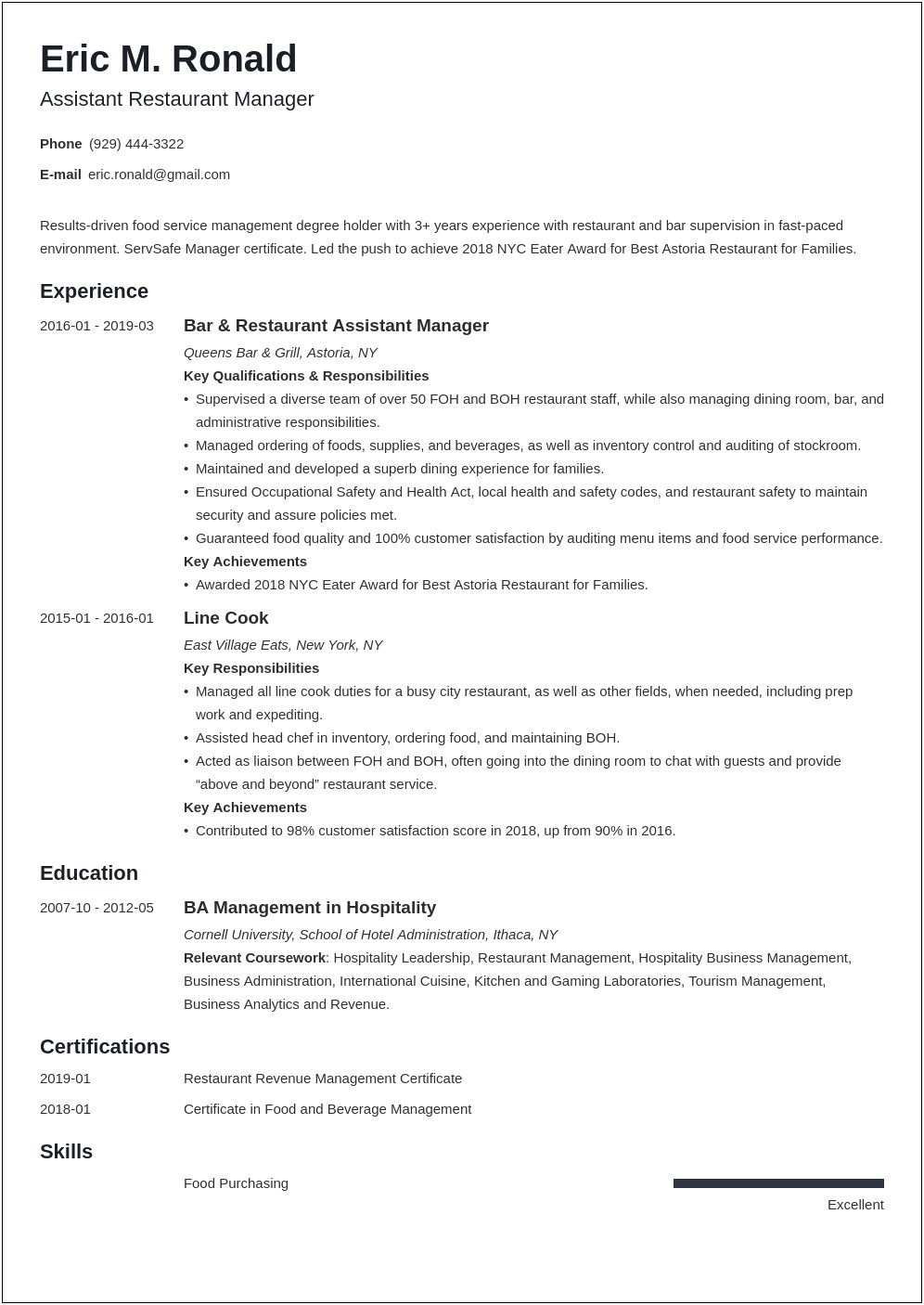 Resume Format For Food Service Manager