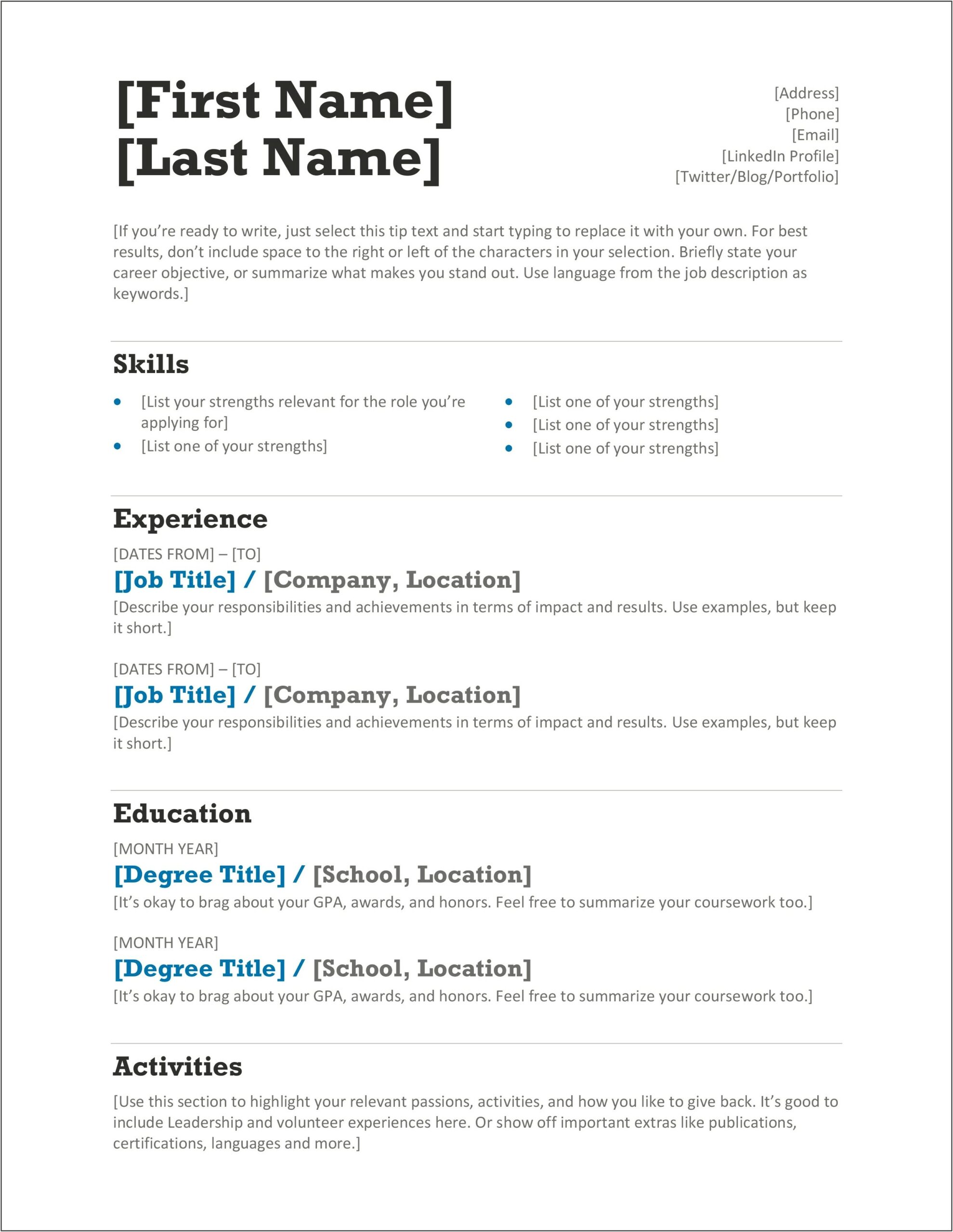 Resume Format For Freshers Doc File Download Free