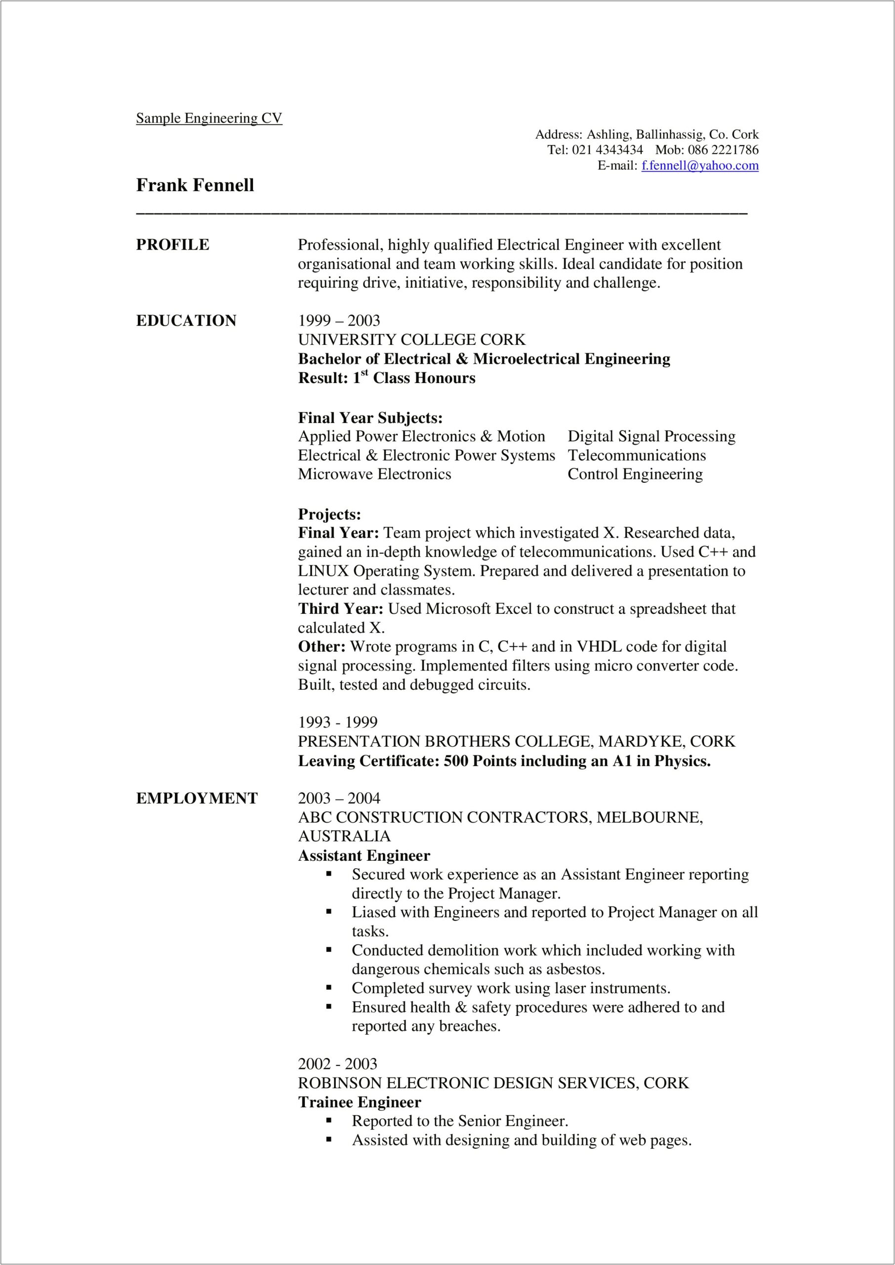 Resume Format For Freshers Electrical Engineers Free Download