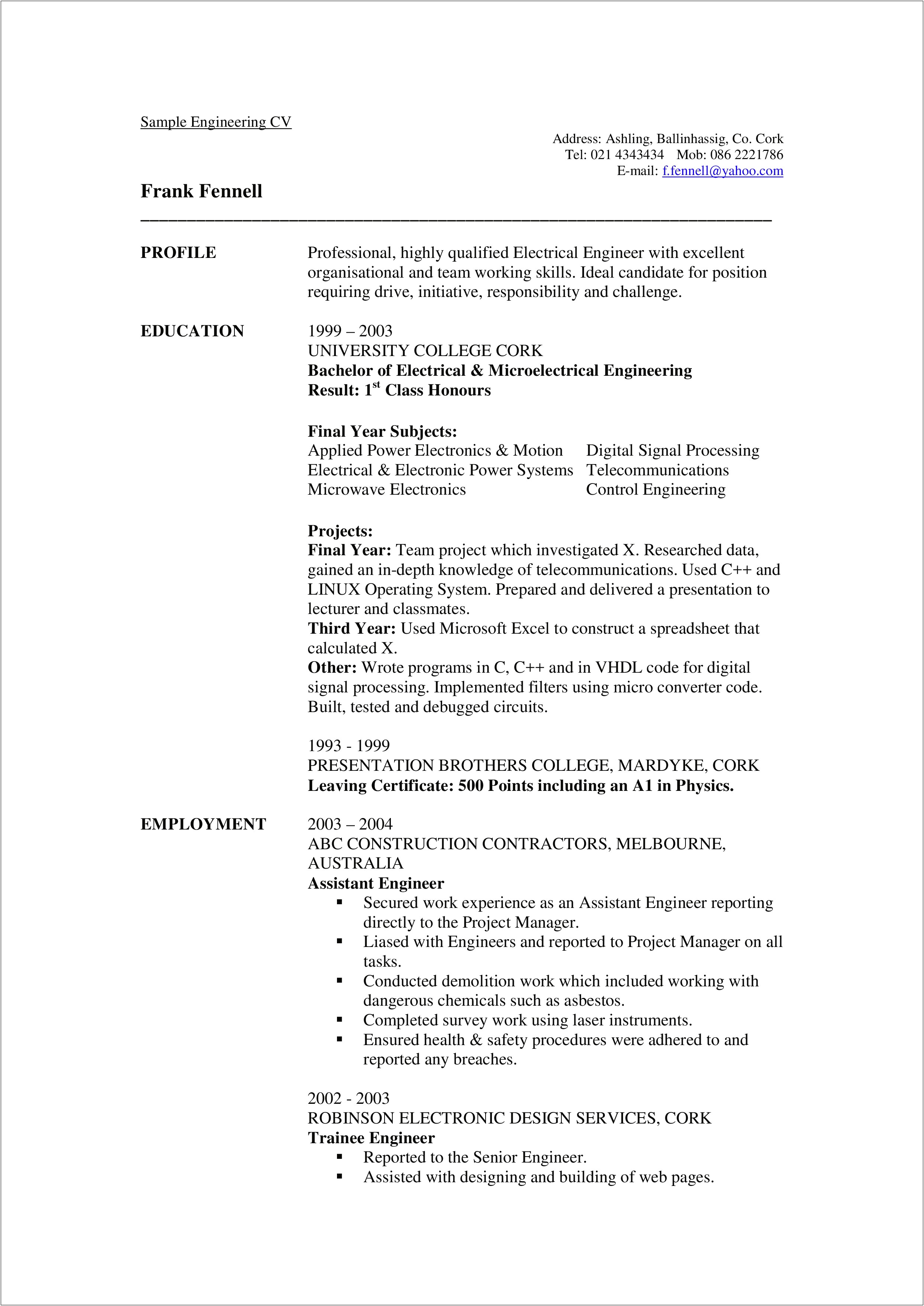 Resume Format For Freshers Electrical Engineers Free Download