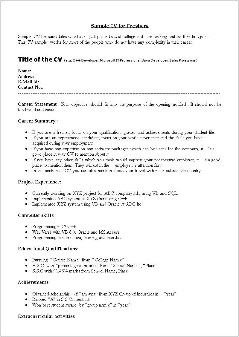 Resume Format For Freshers Engineers Pdf Free Download