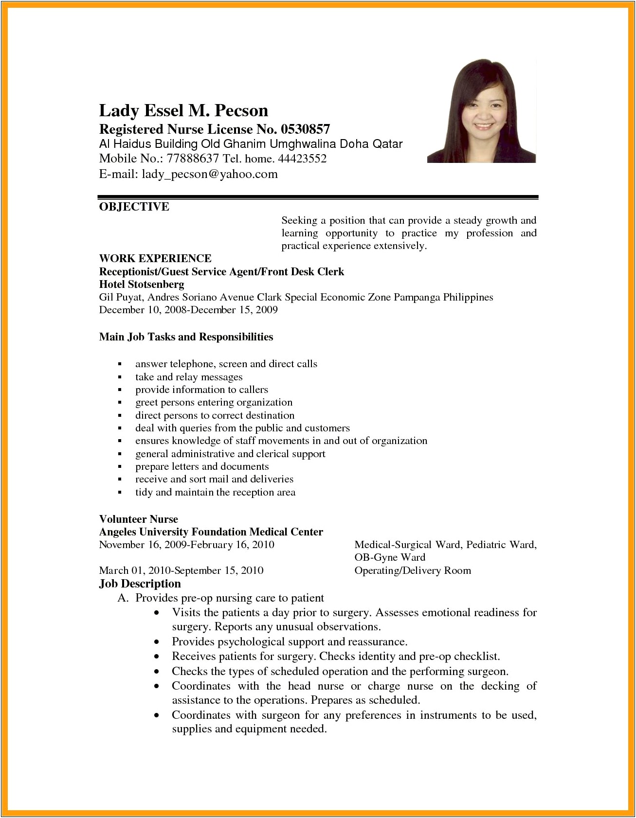 Resume Format For Front Office Job