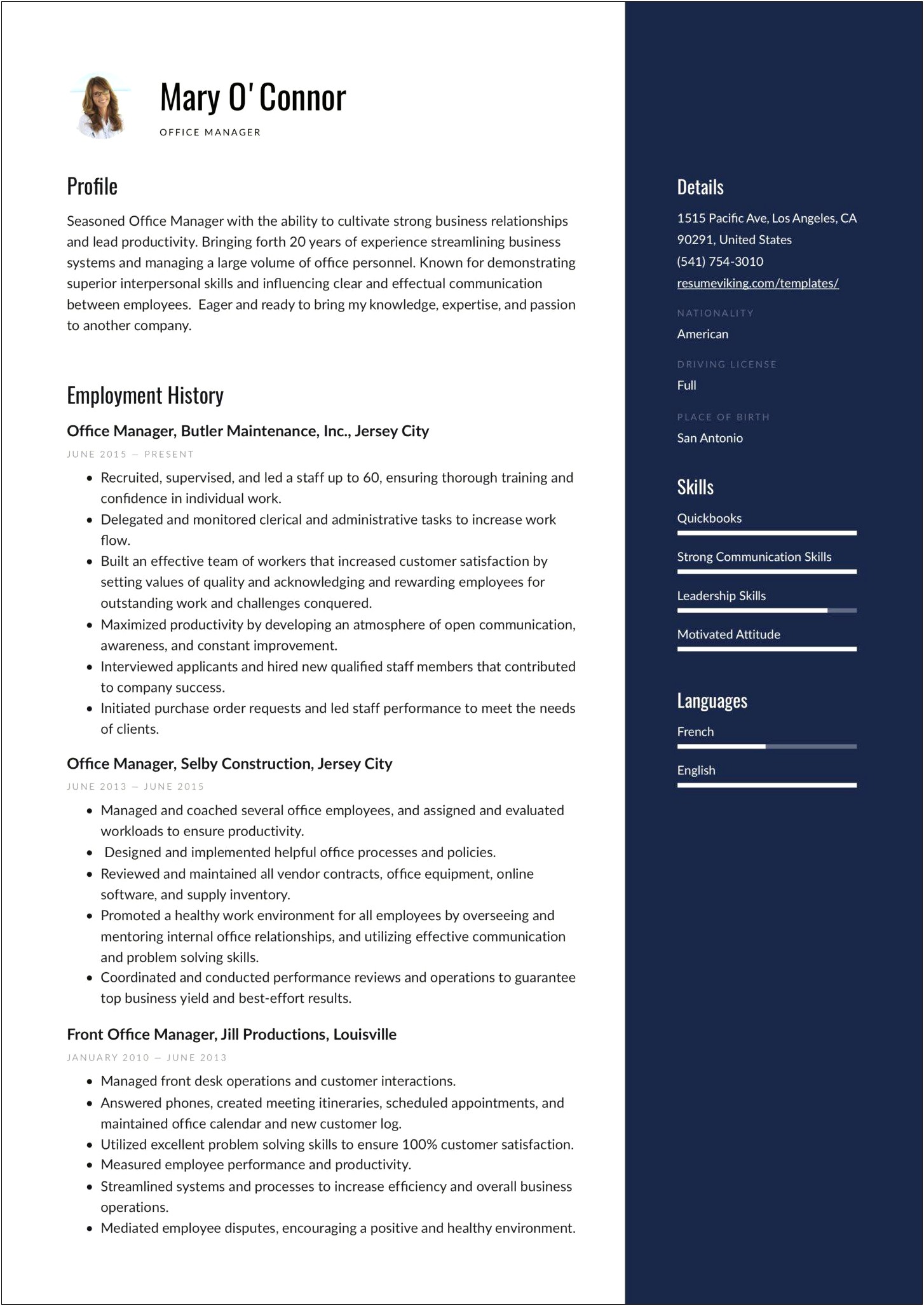 Resume Format For Front Office Manager
