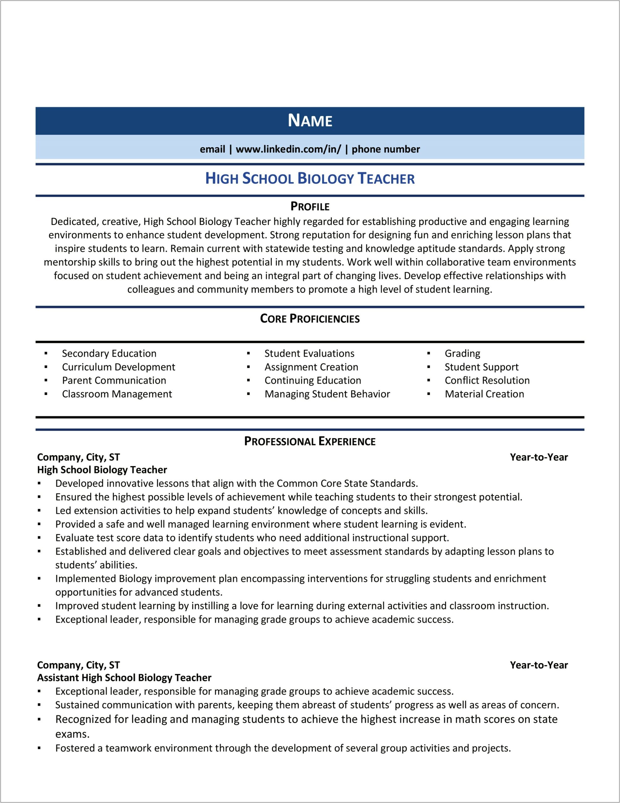 Resume Format For High School Math Teacher Objective