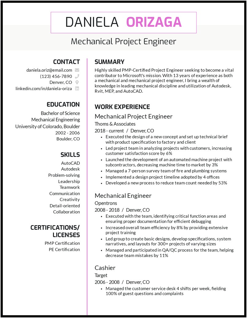 Resume Format For Mechanical Project Manager