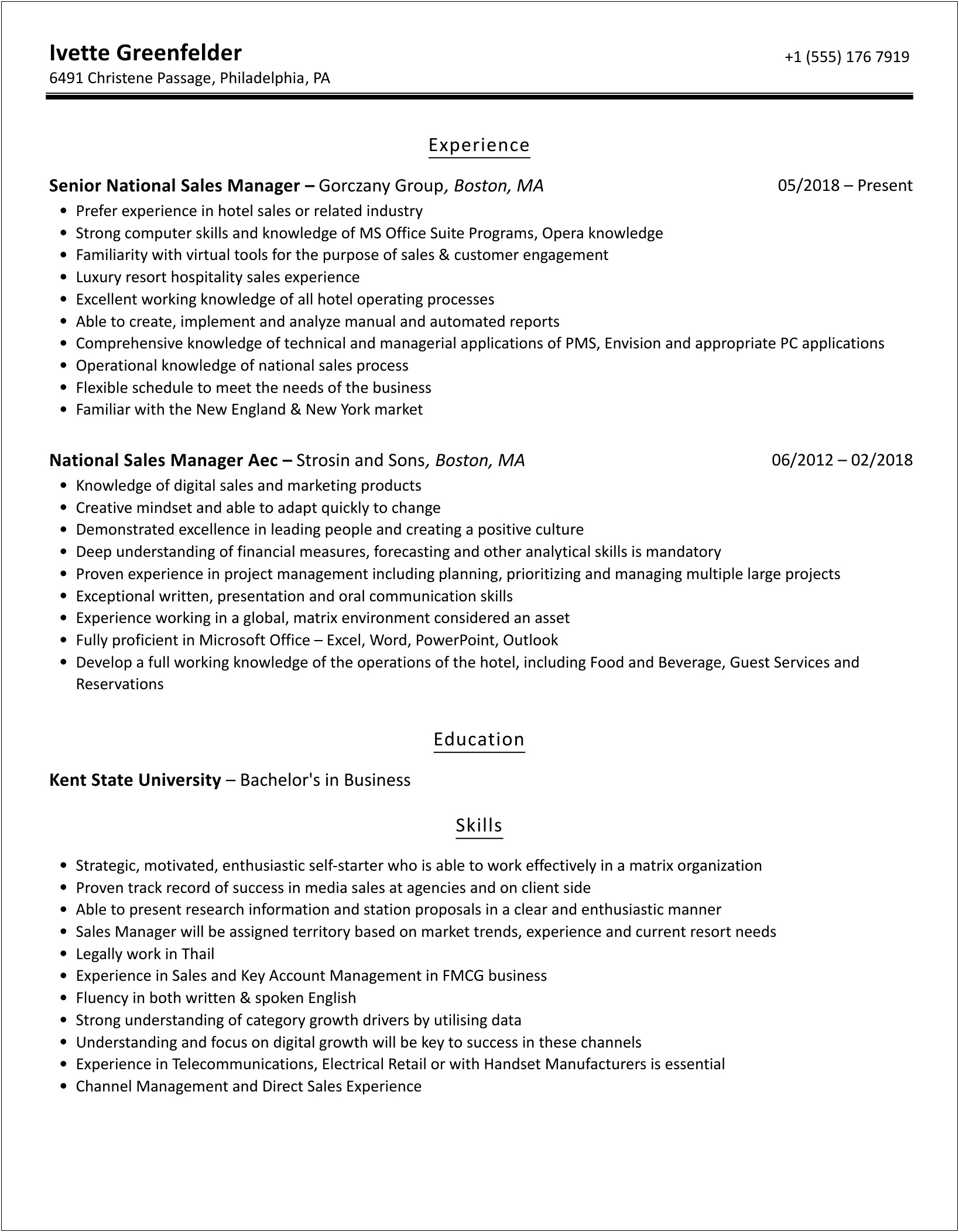 Resume Format For National Sales Manager