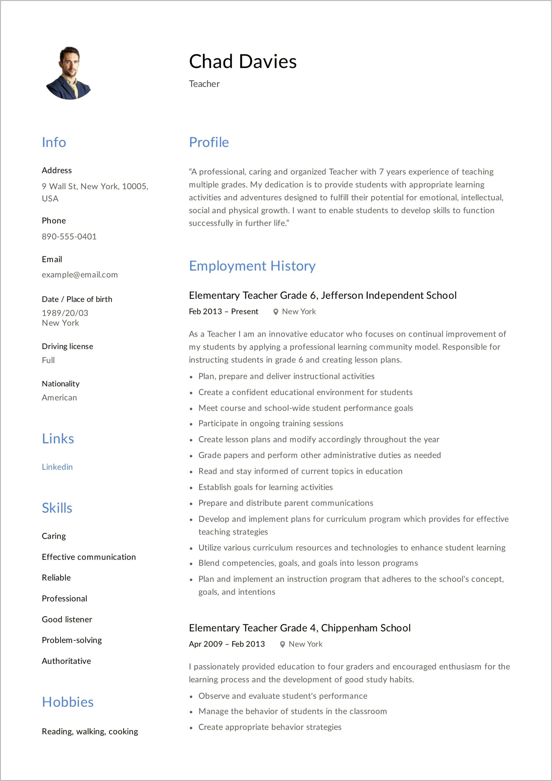 Resume Format For Primary Teacher Job In India