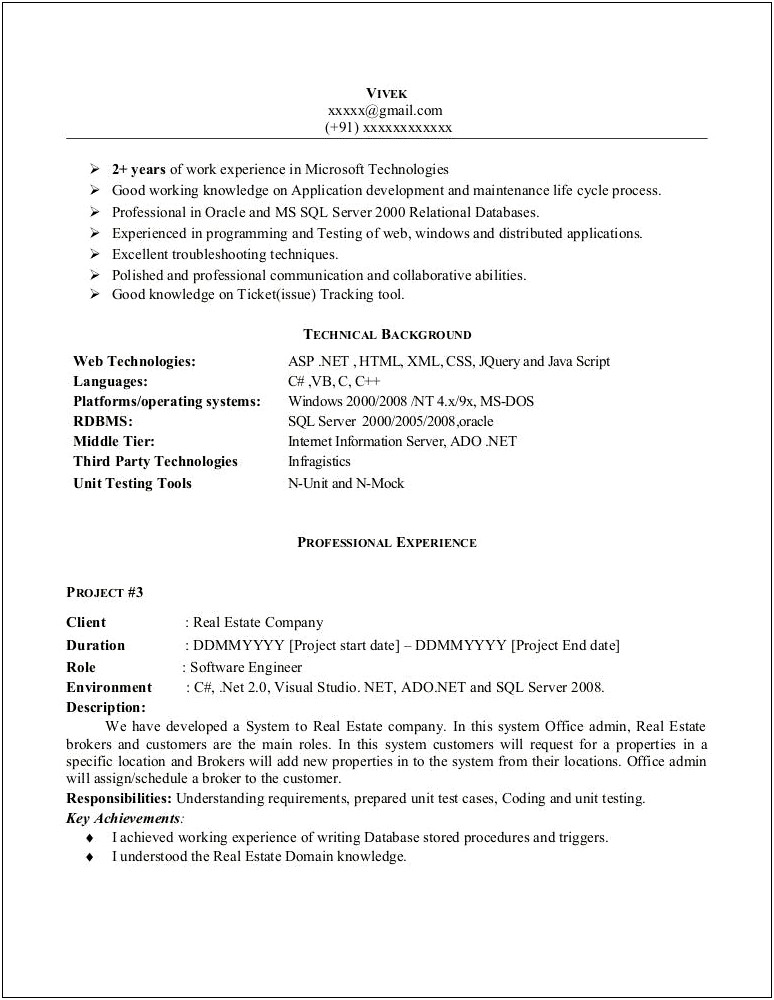 Resume Format For Sql Dba Experience