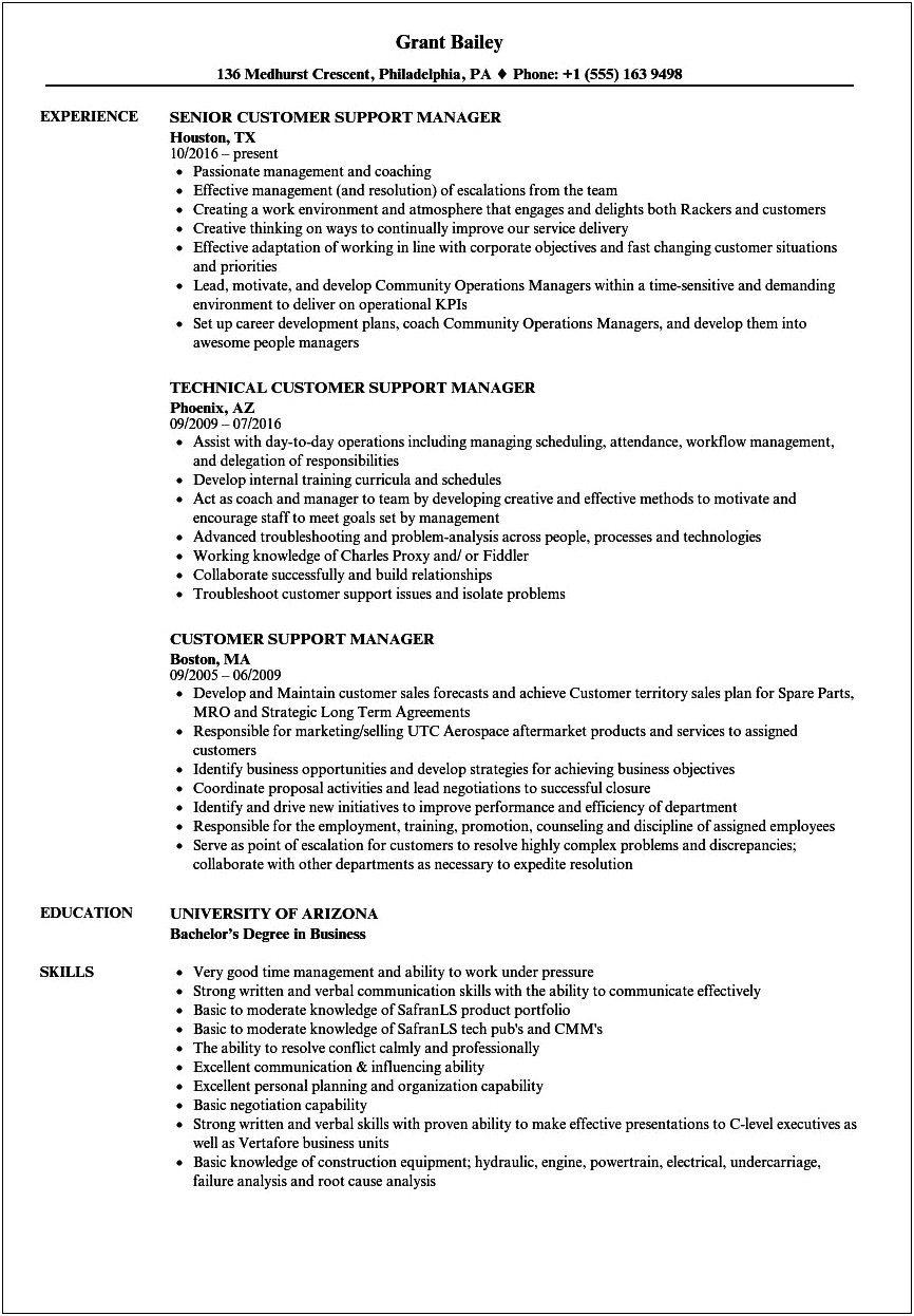 Resume Format For Technical Support Manager
