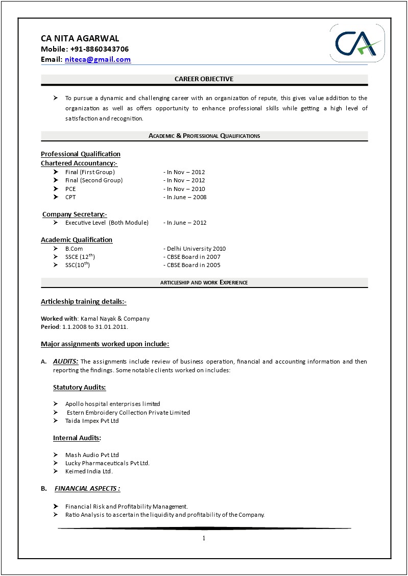 Resume Format In Word For Ca Articleship
