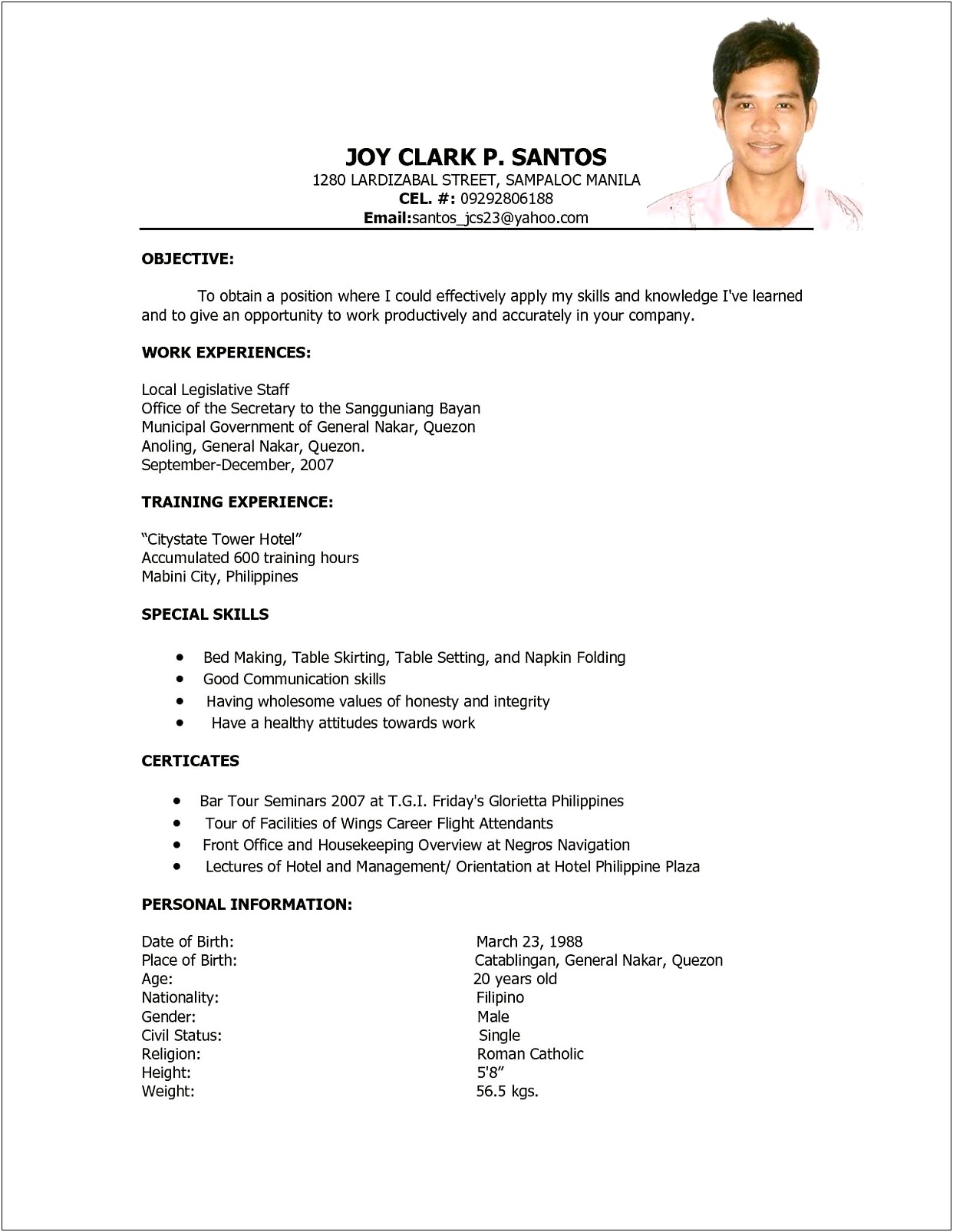 Resume Format In Word For Hotel Management Fresher