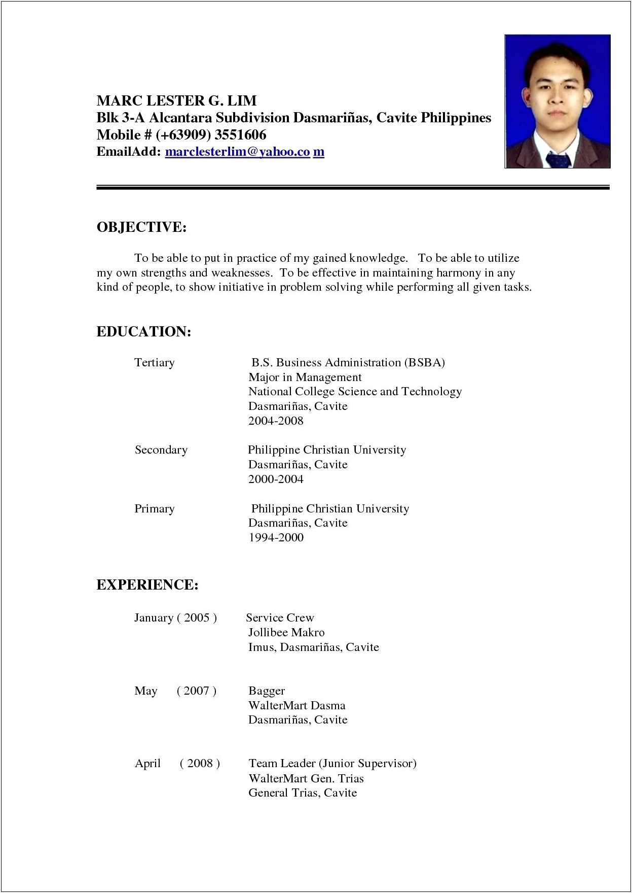 Resume Format Sample For Job Application Philippines