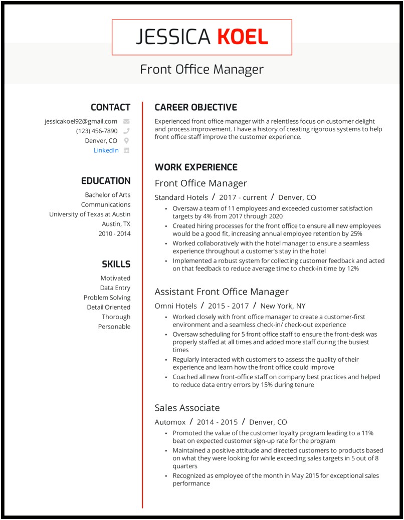 Resume From Office Worker To Manager