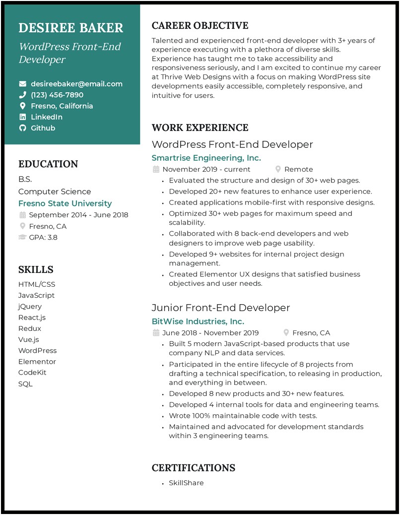 Resume Front End Examples Jquery Css Html