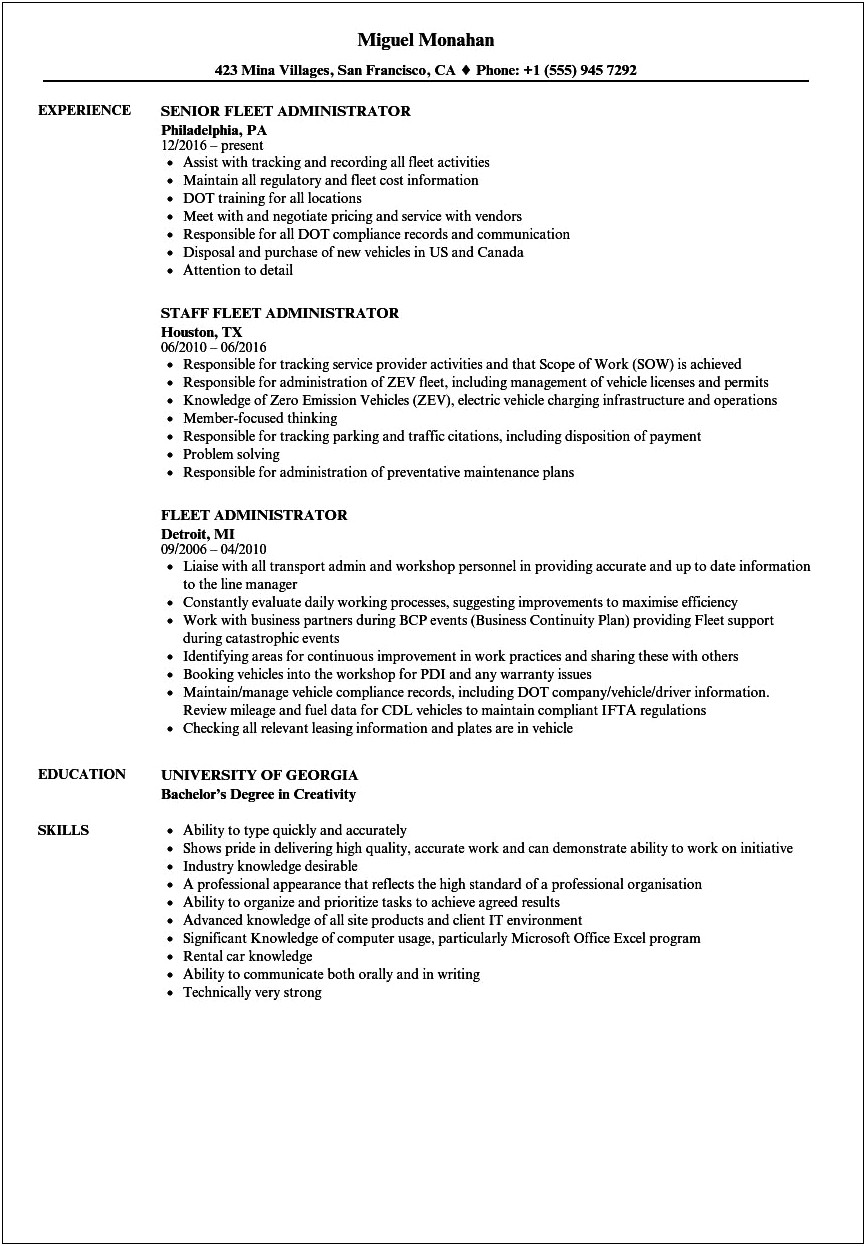 Resume Help For Auto Fleet Manager