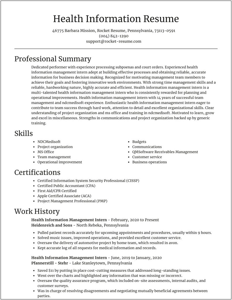 Resume Help For Health Information Management