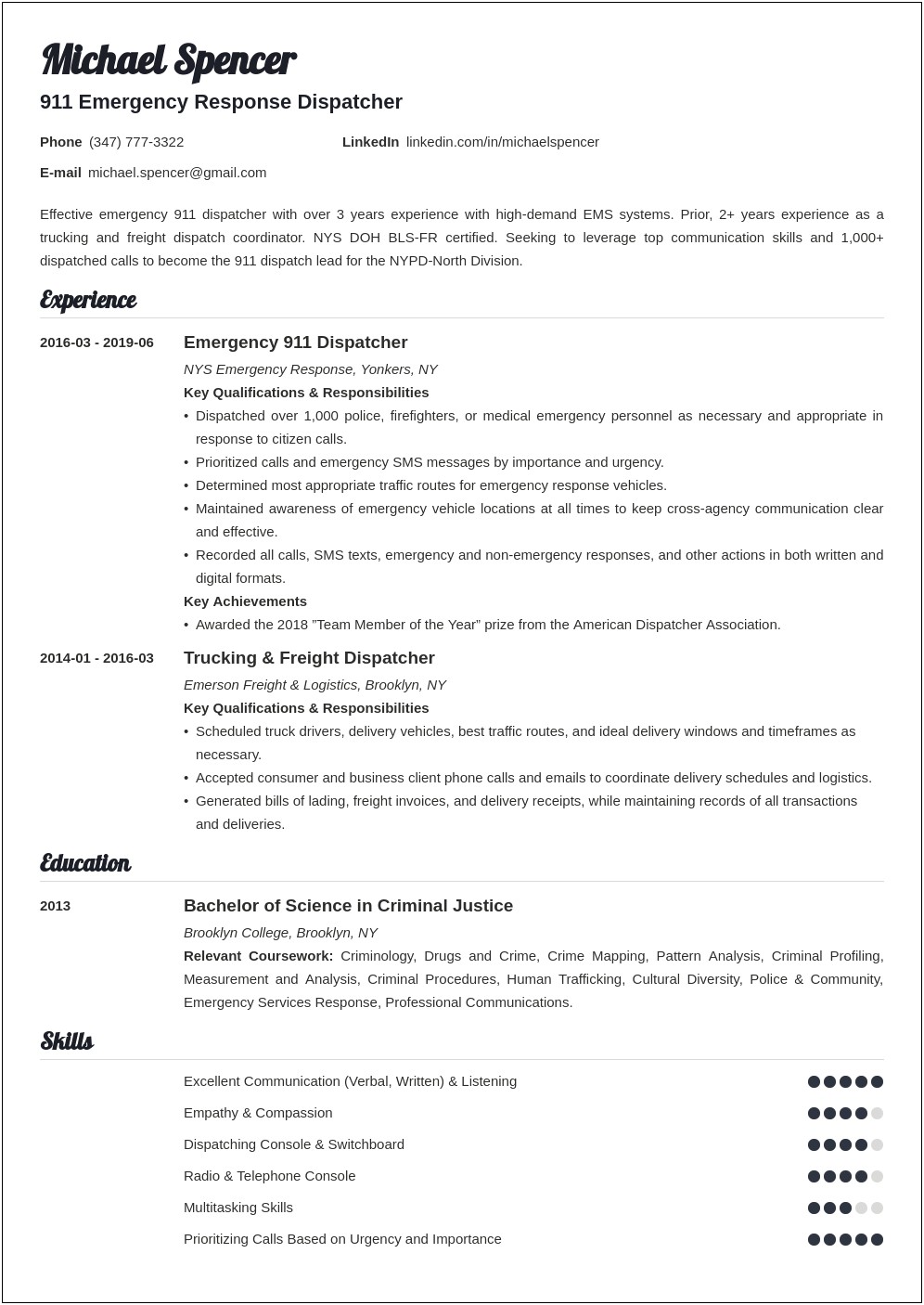 Resume Help Personal Summary Examples Public Safety Communication