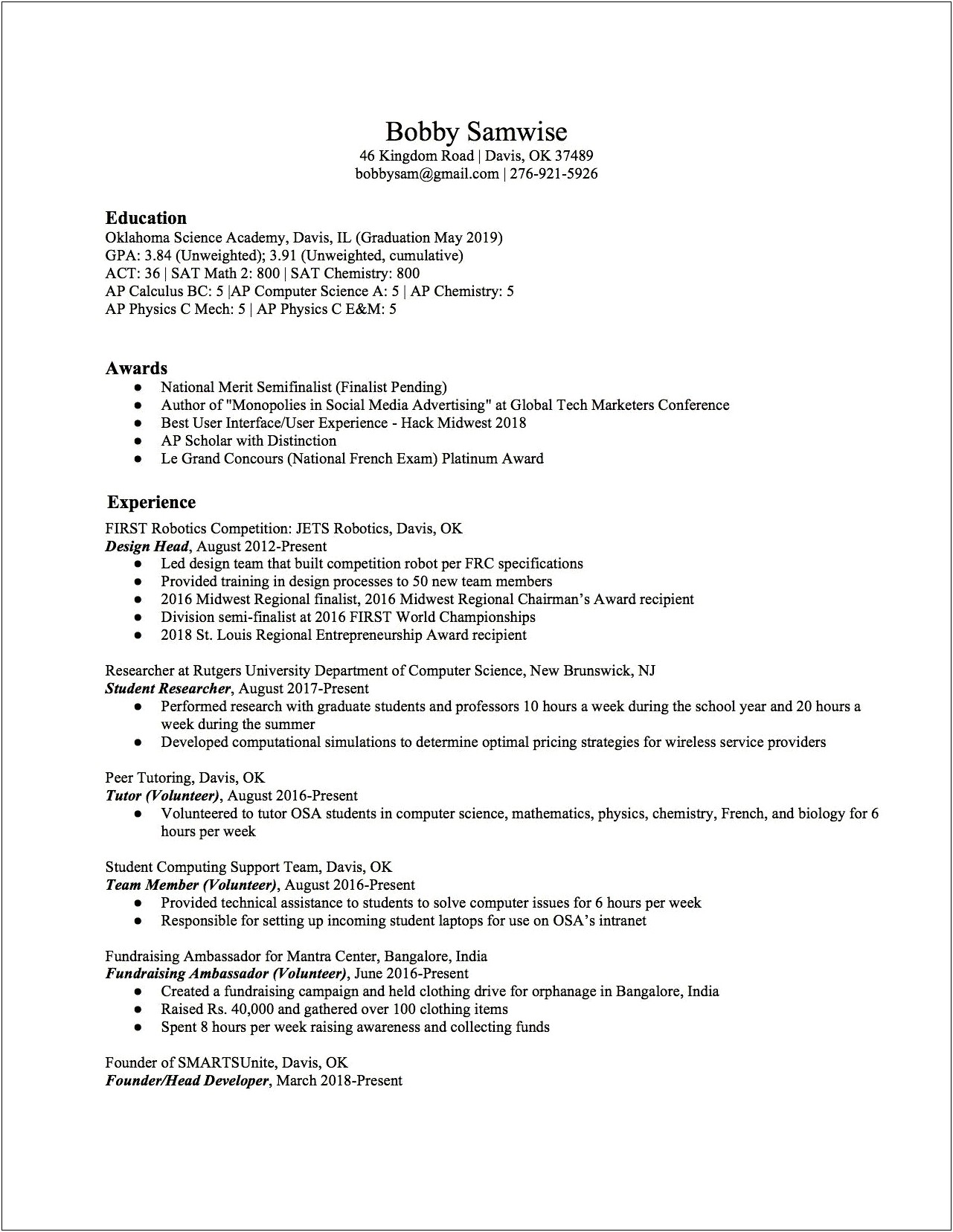Resume High School Templates Science Students