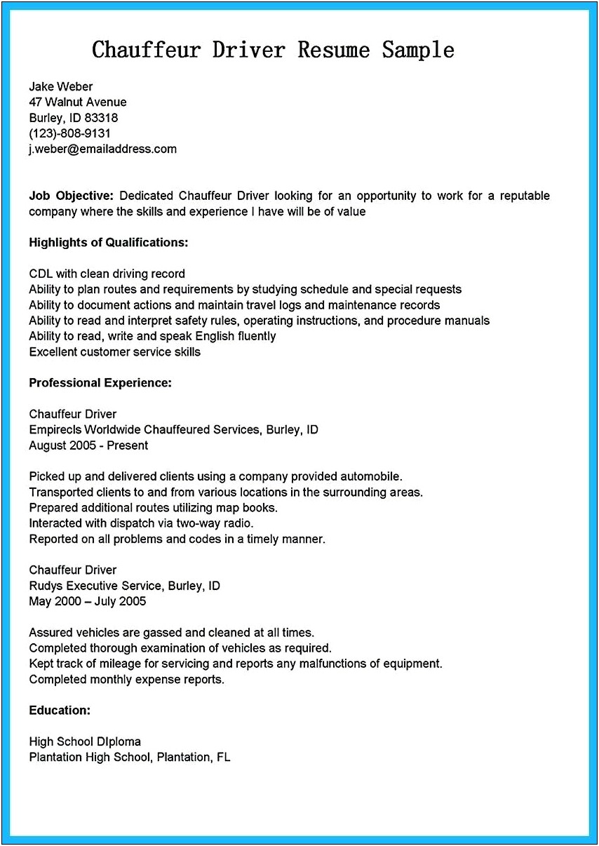 Resume In Word Format For Driver