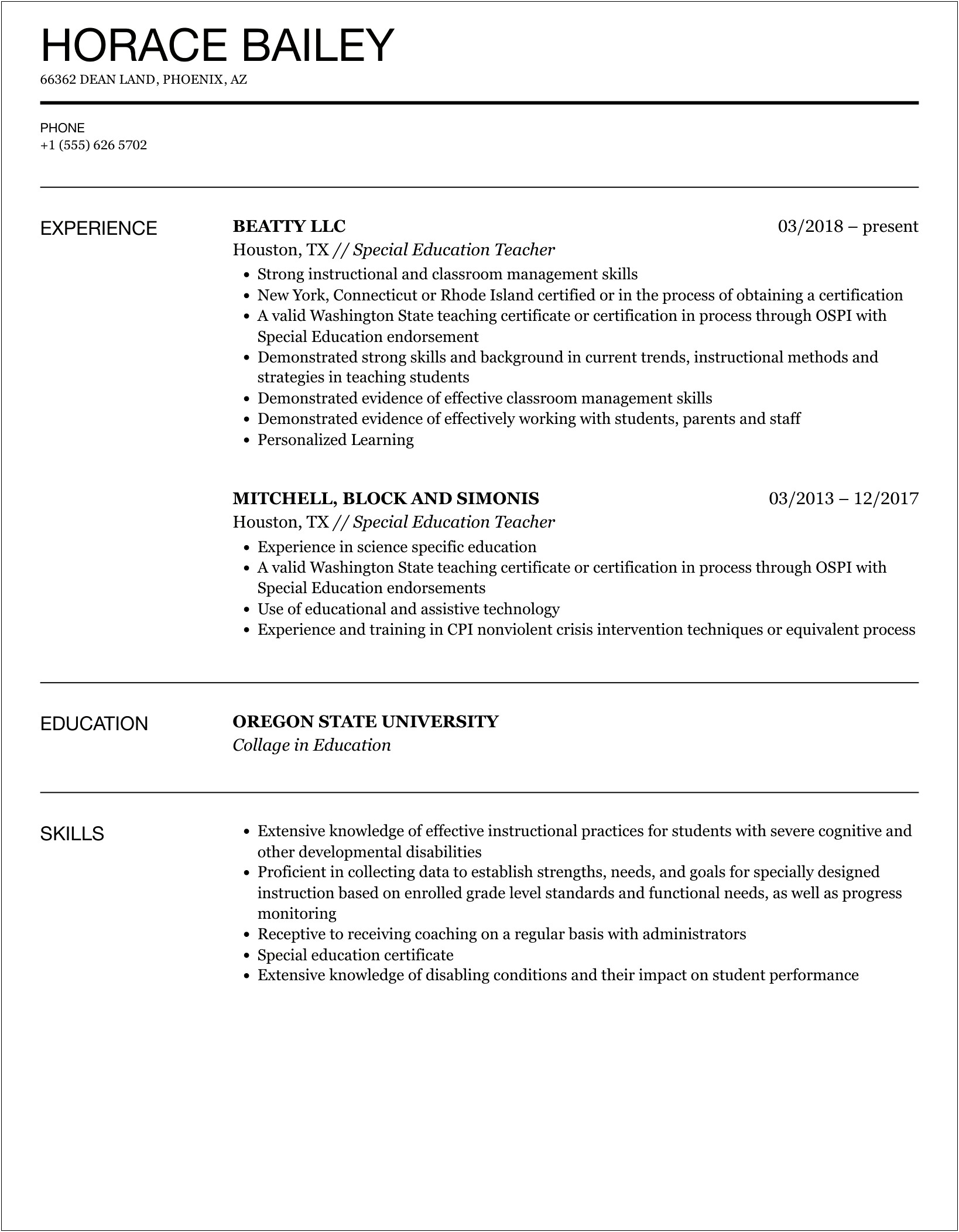 Resume Job Description Co Teacher Model Special Education