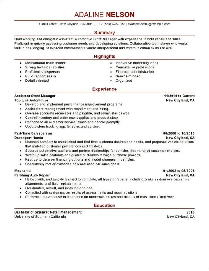 Resume Job Description Convenience Store Manager